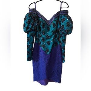 Vintage 80s Beaded Sequin Clare’s Collection Dress Teal Purple Puffy Sleeve XS